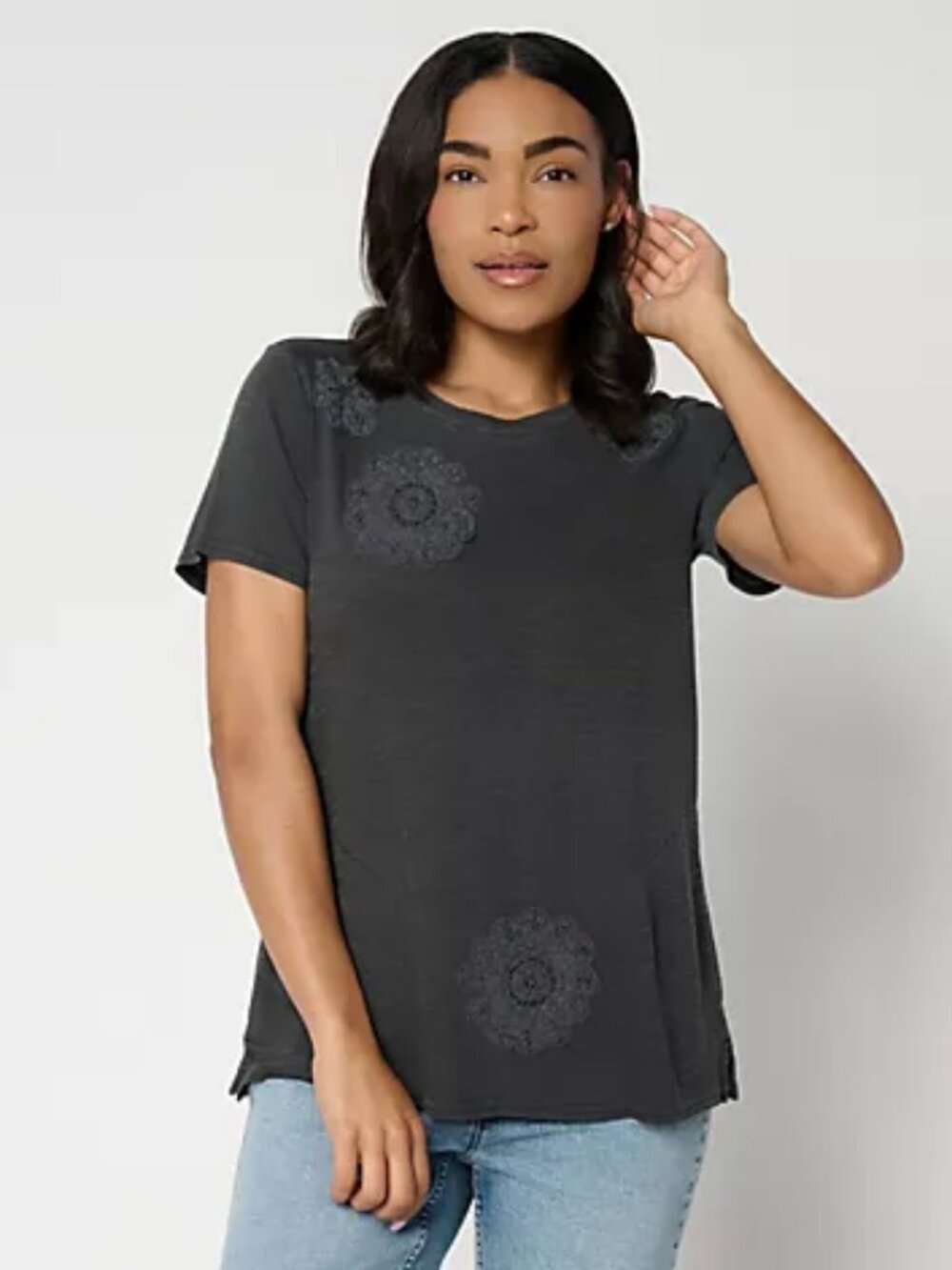 LOGO Lavish by Lori Goldstein Knit Top with Soutache Detail, Phantom Sz L a72151
